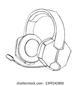 Headphones with microphone for music and video games isolated on white. Doodle style  illustration hand drawn vector for typography, t-shirt, graphics