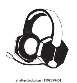 Headphones with microphone for music and video games isolated on white. Doodle style  illustration hand drawn  silhouette vector for typography, t-shirt, graphics.