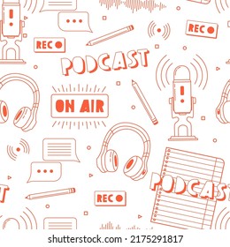 Headphones, microphone, note list, tea, speech bubbles icons seamless pattern. Podcast recording and listening, online radio, audio streaming service concept. Hand drawn vector isolated illustrations.