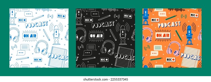 Headphones, microphone, note list, tea, speech bubbles icons seamless pattern. Podcast recording and listening, online radio, audio streaming service concept. Hand drawn vector isolated illustrations.