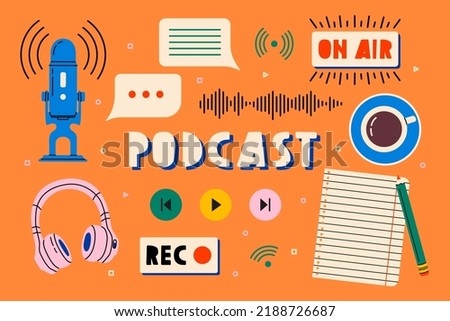 Headphones, microphone, note list, tea, speech bubbles icons. Podcast recording and listening, broadcasting, online radio, audio streaming service concept. Hand drawn vector isolated illustrations
