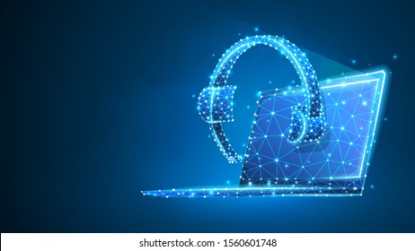 Headphones with microphone on a laptop screen. Online consultation, problem-solution concept. Abstract digital wireframe, low poly mesh, polygonal vector blue neon 3d illustration. Line, dot