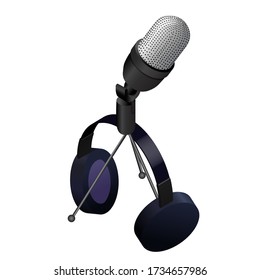 Headphones with a microphone on a tripod. set of microphone and headphones. Vector isometric illustration