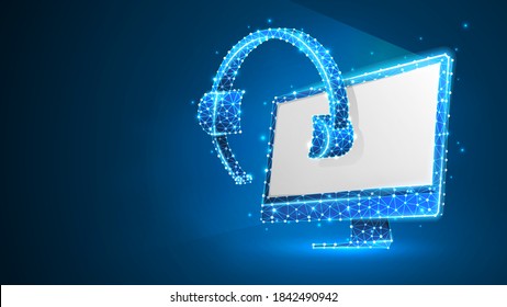 Headphones with microphone on a white computer monitor. Online consultation, problem-solution concept. Abstract digital wireframe, low poly mesh, polygonal vector blue neon 3d illustration. Line, dot
