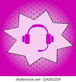 Headphones with a microphone .Purple icon pop-art background .Vector.