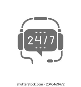 Headphones with microphone, round-the-clock service, non stop support grey icon.