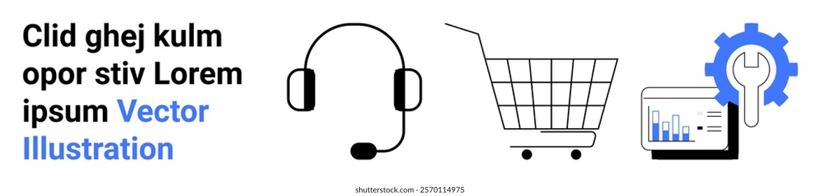 Headphones and microphone, shopping cart outline, and gear with wrench over tablet screen and bar graph. Ideal for customer support, online shopping, e-commerce solutions, business operations