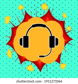 Headphones with microphone sign, pop art explosion, vector illustration for design