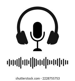 Headphones, microphone and sound wave icons. Online radio, concert, song recording, streaming, podcast, broadcast pictogram. Vector graphic illustration.