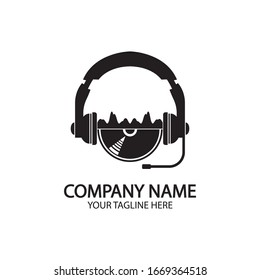 Headphones with microphone and sound waves beats, concept of radio station logo, dj disco symbol, broadcasting studio label, customer support emblem flat back icon, modern design vector illustration