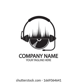 Headphones with microphone and sound waves beats, concept of radio station logo, dj disco symbol, broadcasting studio label, customer support emblem flat back icon, modern design vector illustration
