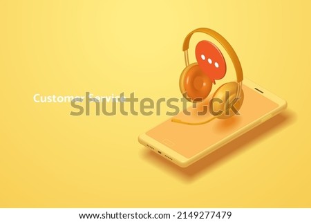 Headphones with microphone with speech bubble chat icon via smartphone, Customer consultation service online, yellow-orange background. 3D isometric vector illustration