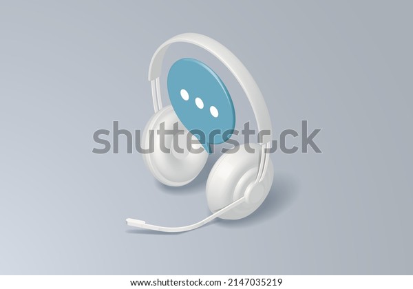 Headphones with microphone with speech\
bubble chat icon, Customer consultation service online, white gray\
background. 3D isometric vector\
illustration