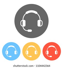 Headphones with microphone. Support service. Simple icon. Set of white icons on colored circles