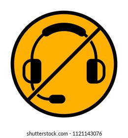 Headphones with microphone. Support service. Simple icon. not allowed, black object in warning sign with orange background color