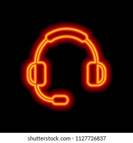 Headphones with microphone. Support service. Simple icon. Orange neon style on black background. Light icon