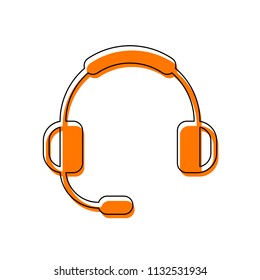 Headphones with microphone. Support service. Simple icon. Isolated icon consisting of black thin contour and orange moved filling on different layers. White background