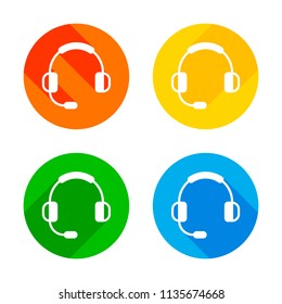 Headphones with microphone. Support service. Simple icon. Flat white icon on colored circles background. Four different long shadows in each corners