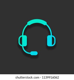 Headphones with microphone. Support service. Simple icon. Colorful logo concept with soft shadow on dark background. Icon color of azure ocean