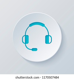 Headphones with microphone. Support service. Simple icon. Cut circle with gray and blue layers. Paper style