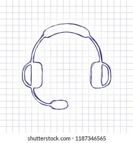 Headphones with microphone. Support service. Simple icon. Hand drawn picture on paper sheet. Blue ink, outline sketch style. Doodle on checkered background