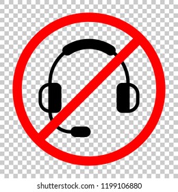 Headphones with microphone. Support service. Simple icon. Not allowed, black object in red warning sign with transparent background