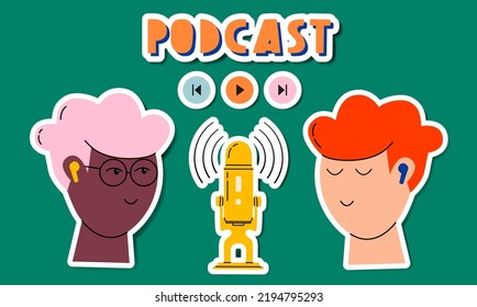 Headphones, microphone, two guys, lettering icons. Podcast recording and listening, broadcasting, online radio, audio streaming service concept. Hand drawn vector isolated colorful illustrations.