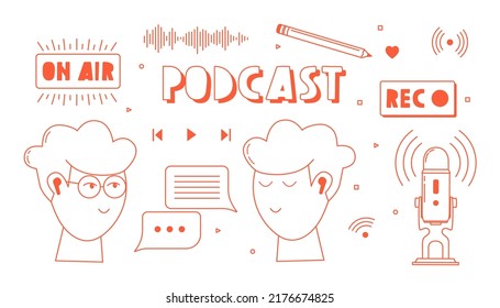 Auriculares, micrófono, dos tipos, iconos de burbujas de voz. Grabación y audición de podcast, radiodifusión en línea, concepto de servicio de transmisión de audio. Ilustraciones aisladas de vectores dibujadas a mano