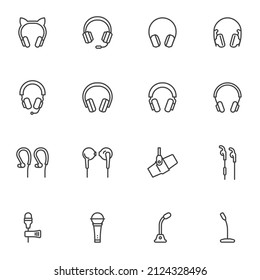 Kopfhörer und Mikrofone Line Icons Set, Umriss Vektorsymbol Sammlung, lineares Piktogramm Pack. Zeichen, Logo-Illustration. Set enthält Symbole wie Kopfhörer-Headset, Sporthafen, Sound-Mikrofon