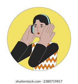 Headphones middle eastern woman 2D line vector avatar illustration. Happy melomaniac arab girl outline cartoon character face. Podcast listening, enjoying music flat color user profile image isolated