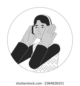 Headphones middle eastern woman black and white 2D vector avatar illustration. Happy melomaniac arab girl outline cartoon character face isolated. Podcast listen, enjoy music flat user profile image