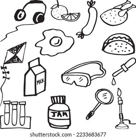 Headphones, Milk Box, Bunsen Burner, Test Tubes, Burritos, Tacos, Safety Lab Glasses, Pipette Drop, Roasted Chicken, Searching Glass, Egg, Kite, Sausage and Orange Fruit. Hand Drawn Random Doodle Icon