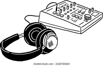 Headphones with Mixer Audio podcast equipment Hand drawn Line art Illustration