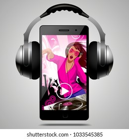 Headphones with modern phone with DJ girl and people dancing at a party on the screen. Mobile music concept vector illustration