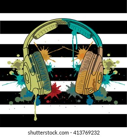 headphones music Concept Illustration with Polygon Art - Conceptual Music Illustration - Polygon Art - Listening Music Concept Illustration.Splashes of colorful ink spots