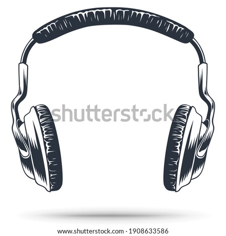 Headphones for music. Gaming headphones or headset. Hand drawing. Vintage style. Isolated on a white background.