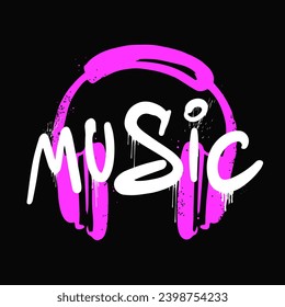 Headphones music graffiti. Vector pink illustration in the urban street style. 90 retro symbol silhouette. For music party, festival, game, dj
