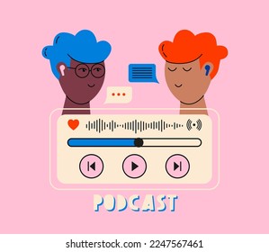 Headphones, music icons, two men  listening to podcast. Podcast recording and listening, broadcasting, online radio, audio streaming service concept. Hand drawn vector isolated illustrations.