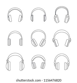 Headphones music listen speakers headset icons set. Outline illustration of 9 headphones music listen speakers headset vector icons for web