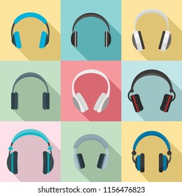 Headphones music listen speakers headset icons set. Flat illustration of 9 headphones music listen speakers headset vector icons for web