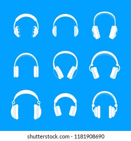 Headphones music listen speakers headset icons set. Simple illustration of 9 headphones music listen speakers headset vector icons for web