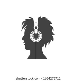 Headphones music listening figure sign. Avatar man pop punk songs. Melody headset. Rhythm entertainment. Flat illustration black vector. Song tag. Brand product service. Label board banner. App icon.