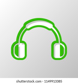 Headphones and music. Mute volume. Simple icon. Paper style. Cut symbol with green bold contour on shape and simple shadow