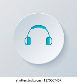 Headphones and music. Mute volume. Simple icon. Cut circle with gray and blue layers. Paper style