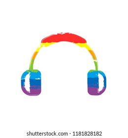 Headphones and music. Mute volume. Simple icon. Drawing sign with LGBT style, seven colors of rainbow (red, orange, yellow, green, blue, indigo, violet