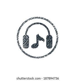 Headphones with music note vector icon with hand drawn lines texture.