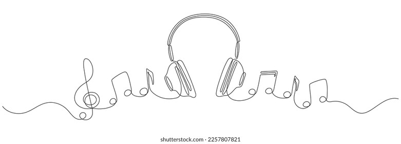 Headphones with music notes continuous one line drawing. Vector isolated on white.