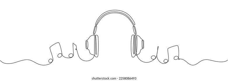 Headphones with music notes continuous one line drawing. Vector isolated on white.