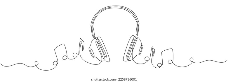 Headphones with music notes continuous one line drawing. Vector isolated on white.