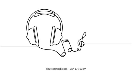 Headphones with music notes continuous one line drawing. Vector isolated on white, continuous line art drawing headset, Headset line art, Musical Note Continuous Line Art Illustration, Continuous one.